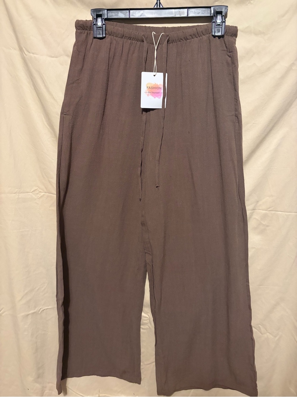 Source Unknown Chocolate Brown Linen Wide Leg Drawstring Pants